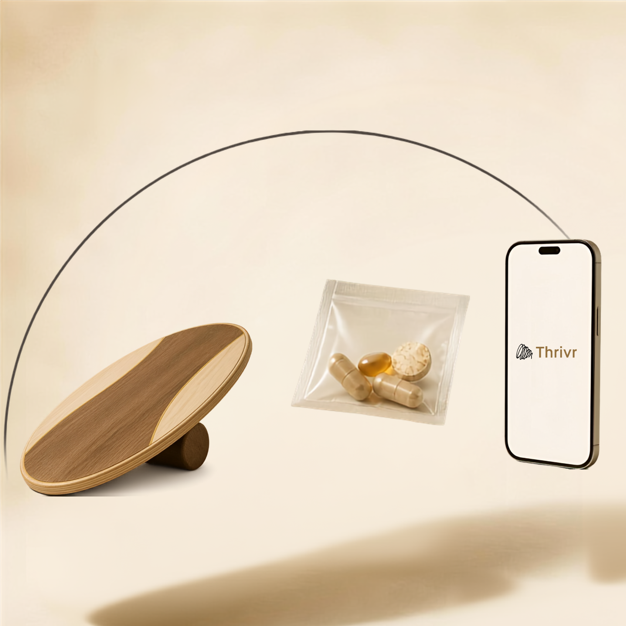 Thrivr Compass balance board, personalized supplement sachet, and app showing the Thrivr logo